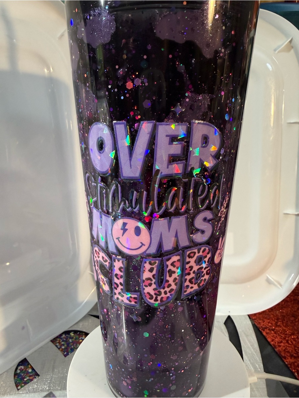 Over Stimulated Moms Club Purple Glitter Tumbler